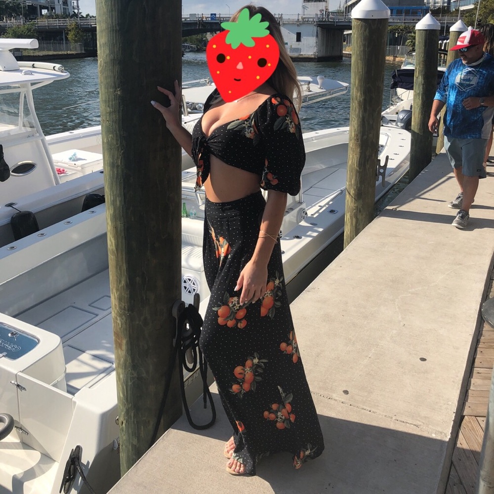 2 piece set citrus and polka dot pants and tie top